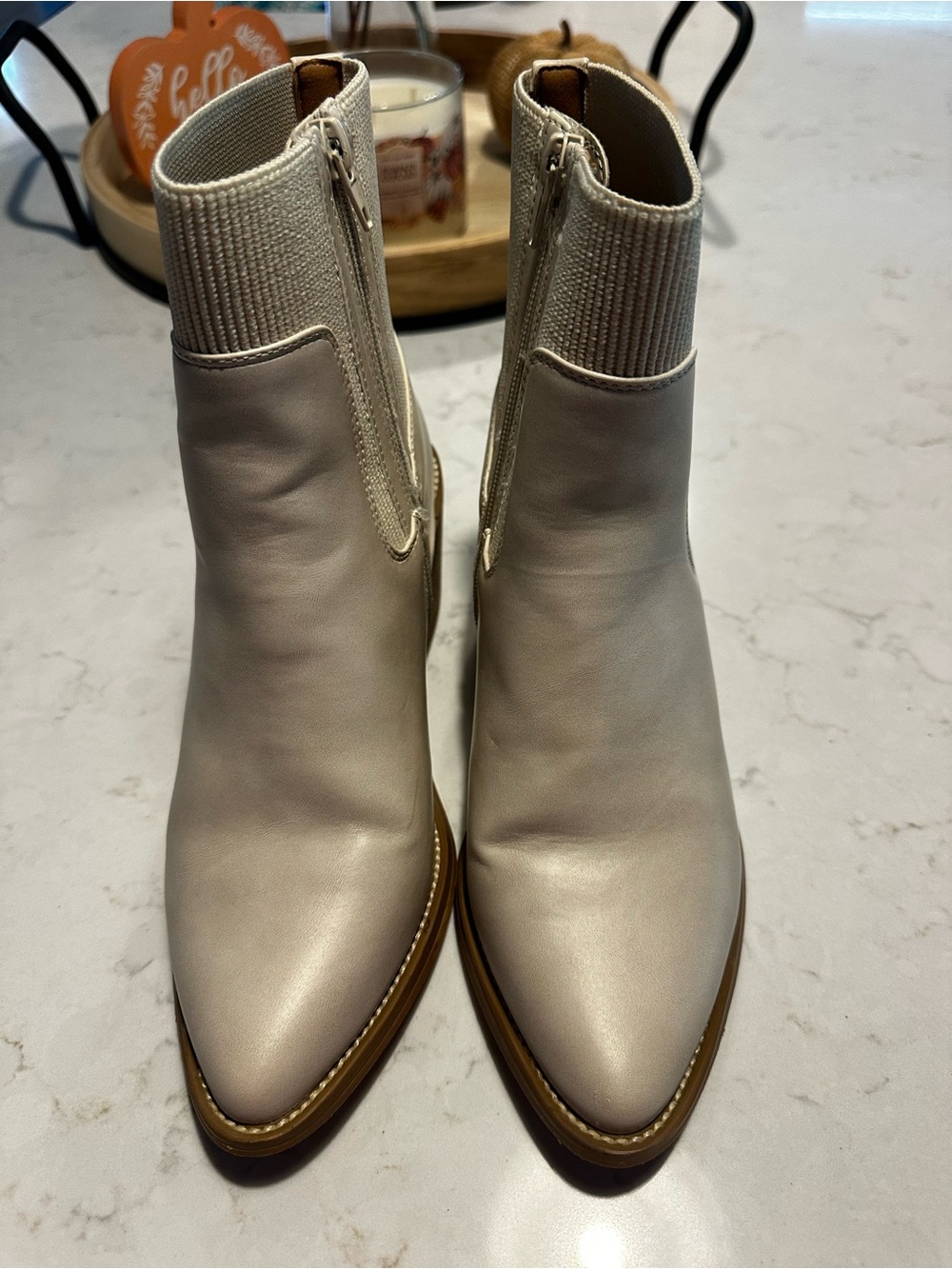 Dolce Vita Cream Pointed Ankle Boots with Knit Collar